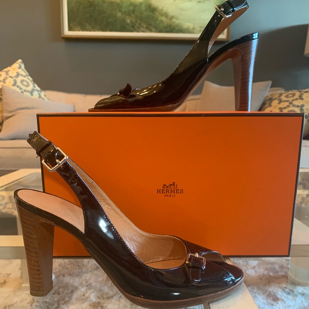 Vintage Hermès Black Patent Leather Slingback Heels~Size 37